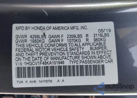 2019 Honda Accord Ex from USA, damaged, VIN 1HGCV1F48KA101946